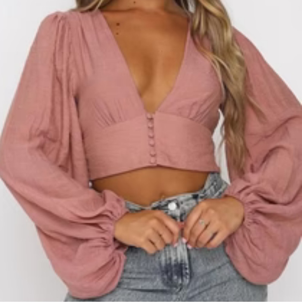 Hyfve Bohemian Pink Crop blouse w/Long Balloon Sleeves button waist Size Medium - Picture 12 of 12